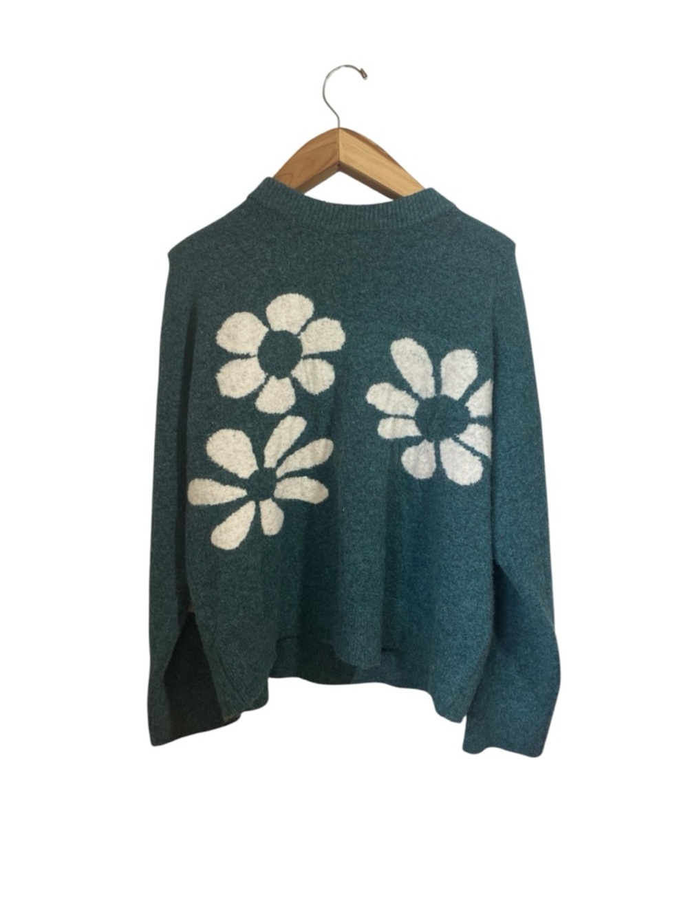 NATURAL LIFE Knit Intarsia Flower Crewneck Wool Blend Seafoam Sweater Size XL - Picture 3 of 8
